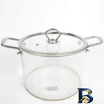 نمای کناری قابلمه شیشه ای لراوا با بدنه پیرکس و دسته استیل پروفایل و ساختار