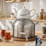 نمای کناری شیرجوش پیرکس با دسته چوبی پروفایل و ساختار