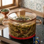 نمای کناری قابلمه پیرکس بوروسیلیکات با دستگیره چوبی پروفایل و ساختار
