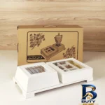 نمای جزئیات جعبه دمنوش مدل جانان با طراحی زیبا پرداخت و جزئیات مواد