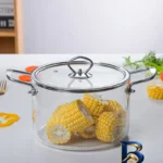نمای جلو قابلمه پیرکس با دسته استیل مناسب برای اجاق و فر طراحی و جزئیات کلیدی