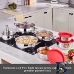 نمای جلو سرویس قابلمه و تابه استیل ۱۳ پارچه کاراجا مدل Pisir Sakla طراحی و جزئیات کلیدی