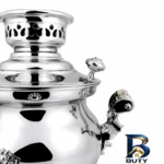 نمای جلو سماور گازی افسون مدل مهسا با گنجایش ۶ لیتر برچسب کیسه و وزن
