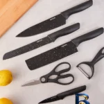 نمای جلو ست چاقو ۶ پارچه مدل کاراجا black stone طراحی و جزئیات کلیدی
