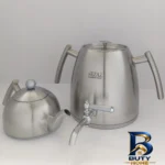 نمای جلو ست کتری و قوری تمام استیل نزاز مدل هرمی طراحی و جزئیات کلیدی