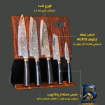 نمای جلو سرویس چاقو آشپزخانه ۵ پارچه کوکینگ فلیم مدل SW Pro ۵ با استند طراحی و جزئیات کلیدی