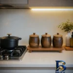 نمای جلو بانکه چوب گردو طرح خمره ای مجموعه ۷ عددی طراحی و جزئیات کلیدی