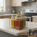 نمای جلو ست ادویه ۴ پارچه گلدن استار مدل 446 به همراه استند طراحی و جزئیات کلیدی