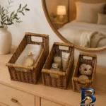 نمای جلو سبد نظم دهنده بافت حصیری کابوک مجموعه 3 عددی طراحی و جزئیات کلیدی