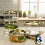 نمای جلو قابلمه پیرکس شاهین با طراحی نچسب و حرارت پذیر طراحی و جزئیات کلیدی