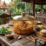 نمای جلو قابلمه پیرکس بوروسیلیکات با دستگیره چوبی طراحی و جزئیات کلیدی