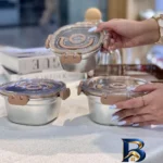 نمای جلو ظرف نگهدارنده استیل مدل چفتی مناسب برای یخچال بسته ۳ عددی طراحی و جزئیات کلیدی