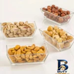نمای جلو ظرف پذیرایی لیمون مدل کاسه مستطیل، مناسب سرو آجیل و میوه، مجموعه 6 عددی برچسب بسته و وزن خالص