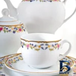 نمای جلو ست فنجان و نعلبکی ۱۲ پارچه چینی زرین ایران مدل ایتالیا اف ۸ گلستان درجه یک طراحی و جزئیات کلیدی