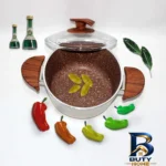 نمای بسته بندی قابلمه اویز گرانیتی با در شیشه ای و دسته باکالیتی برچسب و بسته بندی