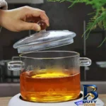 نمای بسته بندی قابلمه پیرکس دو دسته با درب شیشه ای برچسب و بسته بندی