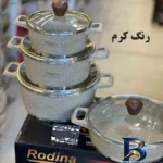 نمای بسته بندی سرویس قابلمه و تابه آلومینیوم گرانیت ۸ پارچه رودینا کد ۰۸ برچسب و بسته بندی