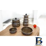 نمای بسته بندی سرویس قابلمه و تابه گرانیتی ۱۴ پارچه گراب مدل لیرو برچسب و بسته بندی