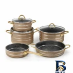 نمای بسته بندی سرویس قابلمه و تابه گرانیت ۸ پارچه رافیا طرح موریس برچسب و بسته بندی