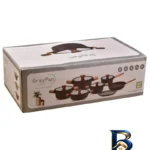 نمای بسته بندی سرویس قابلمه و تابه گرانیتی ۱۲ پارچه گری پن مدل دسته چوبی برچسب و بسته بندی