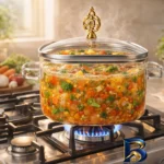 نمای بسته بندی قابلمه پیرکس طرح دار دو دسته با کیفیت برچسب و بسته بندی