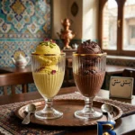 نمای بسته بندی بستنی خوری یوجینگ مدل گیلاس پایه بلند لب طلایی بسته 6 عددی برچسب و بسته بندی