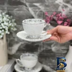 نمای بسته بندی سرویس چای خوری ۱۲ پارچه ۶ نفره شاهین مدل Dantella E برچسب و بسته بندی