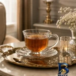 نمای بسته بندی ست فنجان و نعلبکی ۱۲ پارچه ۶ نفره مدل خطی کد ۰۵۹ برچسب و بسته بندی