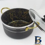 نمای بسته بندی قابلمه ماربل ظرف سازان با در پیرکس و سوپاپ بخار برچسب و بسته بندی