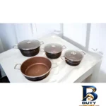 نمای جزئیات سرویس تابه و قابلمه گرانیتی 7 پارچه رز کالا مدل آرنیکا پرداخت و جزئیات مواد
