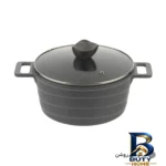 نمای جزئیات قابلمه گرانیتی تکنو با در شیشه و دو دسته پرداخت و جزئیات مواد