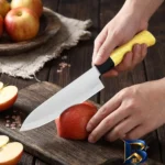 نمای جزئیات چاقو آشپزخانه با تیغه فولاد ضدزنگ و دسته پلاستیک هونگ ژیان مدل کامفورت کلاسیک پرداخت و جزئیات مواد
