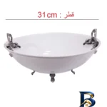 نمای جزئیات میوه خوری چینی مدل ۵۱۷ با دسته پوتر، قطر ۳۱cm، ارتفاع ظرف ۹cm، ارتفاع پایه ۳cm و قابلیت شست وشو در ماشین ظرفشویی