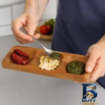 نمای جزئیات اردوخوریال وی تخته سرو چوبی مستطیل با ۳ محفظه مجزا پرداخت و جزئیات مواد