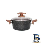 نمای جزئیات قابلمه اویز گرانیتی با در شیشه ای و دسته باکالیتی پرداخت و جزئیات مواد