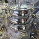 نمای کناری سرویس قابلمه آلومینیومی ۶ پارچه مدل تخم مرغی با دسته پروفایل و ساختار