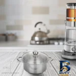 نمای جزئیات قابلمه پارس استیل با کفه سه لایه و در پیرکس پرداخت و جزئیات مواد