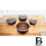 نمای جلو سرویس تابه و قابلمه گرانیتی 7 پارچه رز کالا مدل آرنیکا طراحی و جزئیات کلیدی