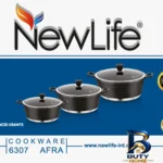 نمای جلو سرویس قابلمه گرانیتی ۷ پارچه نیولایف مدل AFRA-۶۳۰۷ اصل طراحی و جزئیات کلیدی