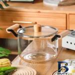 نمای جلو قابلمه شیشه ای پیرکس با طراحی مناسب و دستگیره چوبی طراحی و جزئیات کلیدی