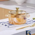 نمای جلو قابلمه پیرکس با در خرسی و دستگیره فلزی طراحی و جزئیات کلیدی