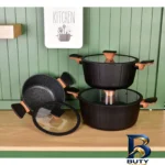 نمای جلو سرویس قابلمه و تابه گرانیتی ۱۲ پارچه گری پن مدل دسته چوبی طراحی و جزئیات کلیدی