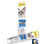نمای بسته بندی خمیر مولتی ویتامین جیم کت مدل Duo Paste ماهی تن وزن ۵۰ گرم برچسب و بسته بندی