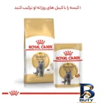 نمای کناری غذای خشک گربه بالغ رویال کنین مدل British shorthair وزن 2 کیلوگرم به همراه بستنی پروفایل و ساختار
