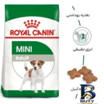 نمای جلو غذای خشک سگ کوچک رویال کنین مدل Mini Adult وزن 2 کیلوگرم برچسب کیسه و وزن