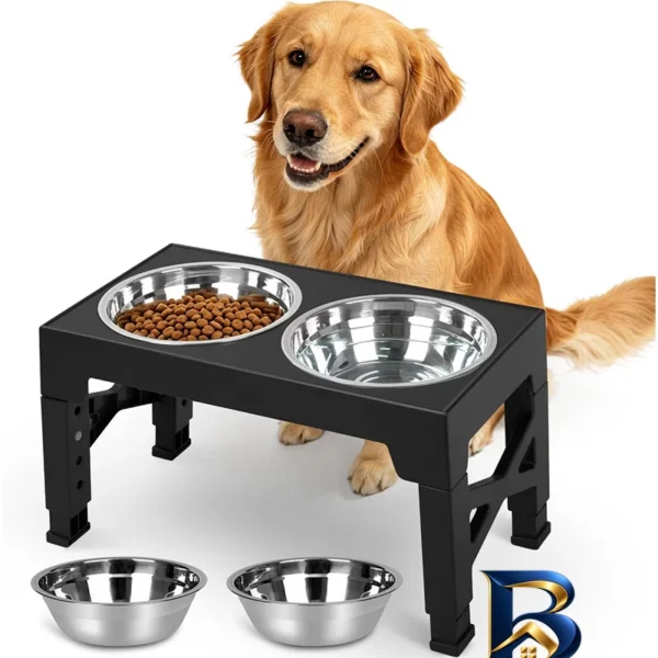 نمای بسته بندی ظرف آب و غذای سگ نیوبیا مدل پایه دار قابل تنظیم برچسب و بسته بندی
