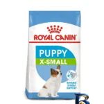 نمای بسته بندی غذای خشک سگ رویال کنین مدل puppy x-small با وزن 1.5 کیلوگرم برچسب و بسته بندی