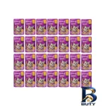 نمای بسته بندی پوچ گربه بالغ ویسکاس مدل TASTY MIX با طعم بره و بوقلمون وزن ۸۵ گرم بسته ۲۸ عددی برچسب و بسته بندی