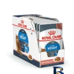نمای بسته بندی پوچ گربه رویال کنین مدل LIGHT WEIGHT CARE وزن ۸۵ گرم بسته ۱۲ عددی برچسب و بسته بندی