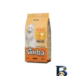 نمای بسته بندی غذای خشک گربه بالغ مونژه طعم مرغ مدل Simba Adult Cat kibbles وزن 2 کیلوگرم برچسب و بسته بندی